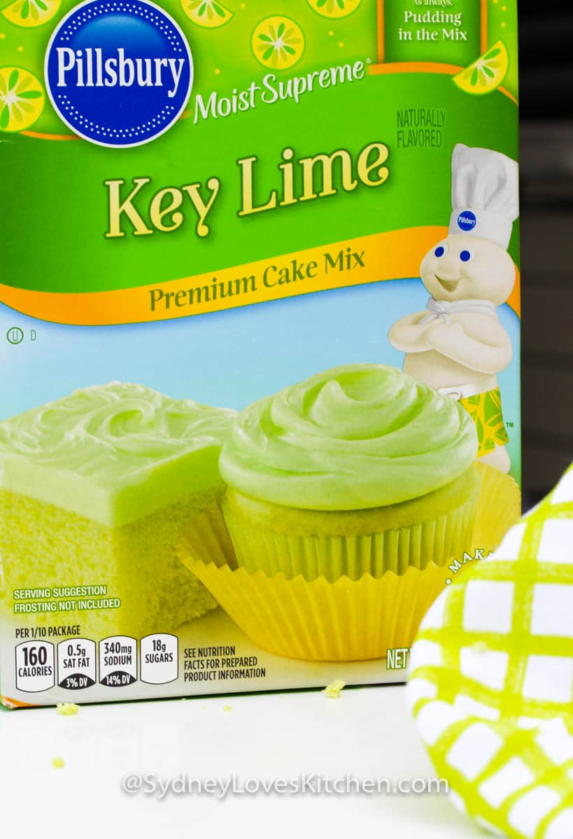 Pillsbury moist supreme key lime premium cake mix box with a picture of the Pillsbury dough boy on the box