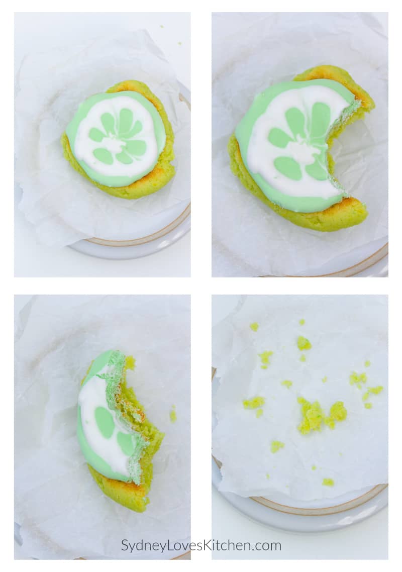 key lime cookie on a plate, same key lime cookie with a bite taken out of it, same cookie with 2 more bites taken out of it, plate full of crumbs from the key lime cookie being eaten