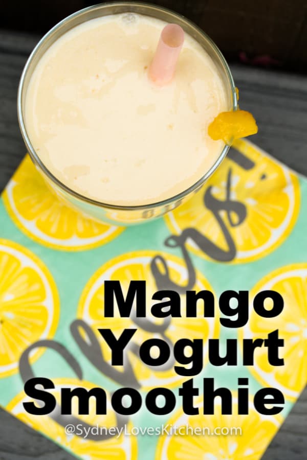 Overhead view of mango yogurt smoothie.