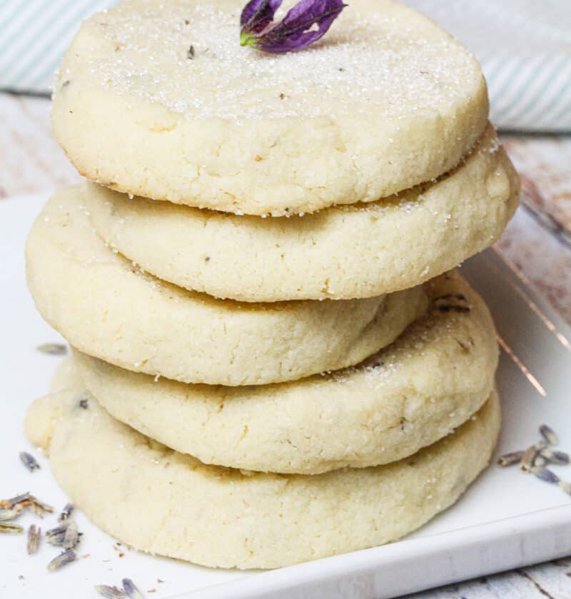 Stack of 5 lavender cookies on a white plate