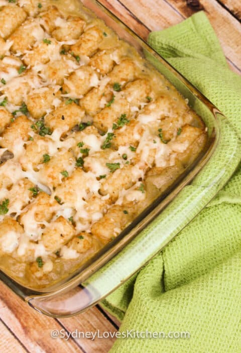 Tater tot casserole baked in an oven