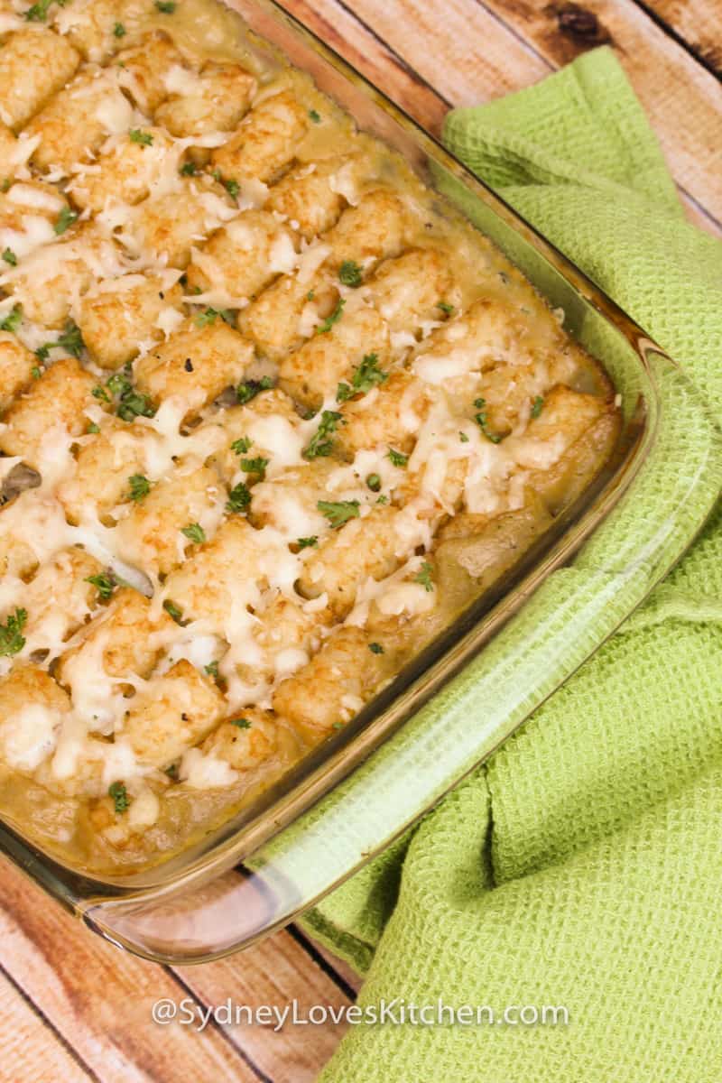 Tater tot casserole baked in an oven