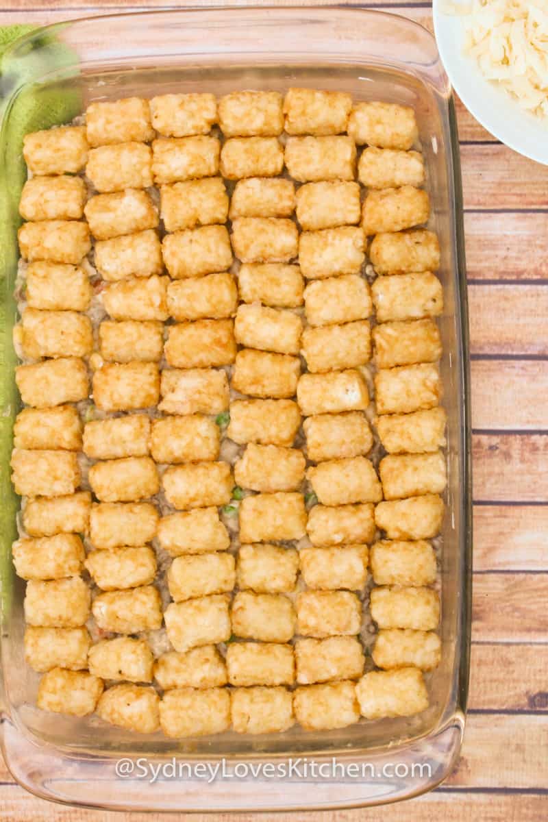 An overhead view of tater tot casserole with no cheese