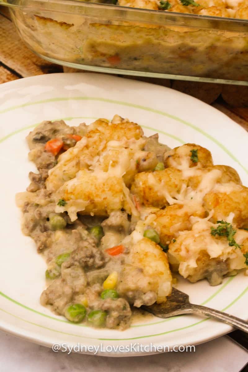 tater tot casserole on a white plate