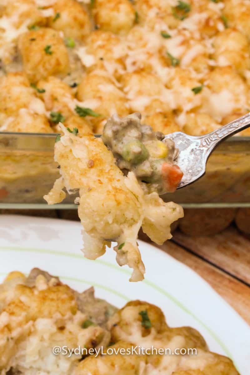 Tater tot casserole on a fork