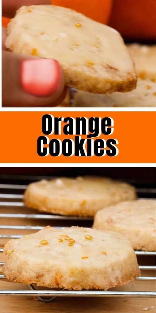 upper picture of hand holding orange cookie bottom picture of three orange cookies on a cooling rack